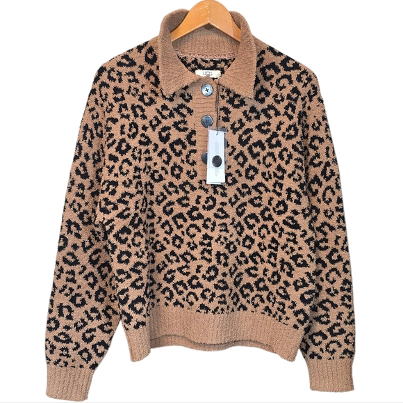 UGG Mowery Jacquard Leopard Print Cozy Knit Collared Sweater NWT Size Large - Picture 2 of 13